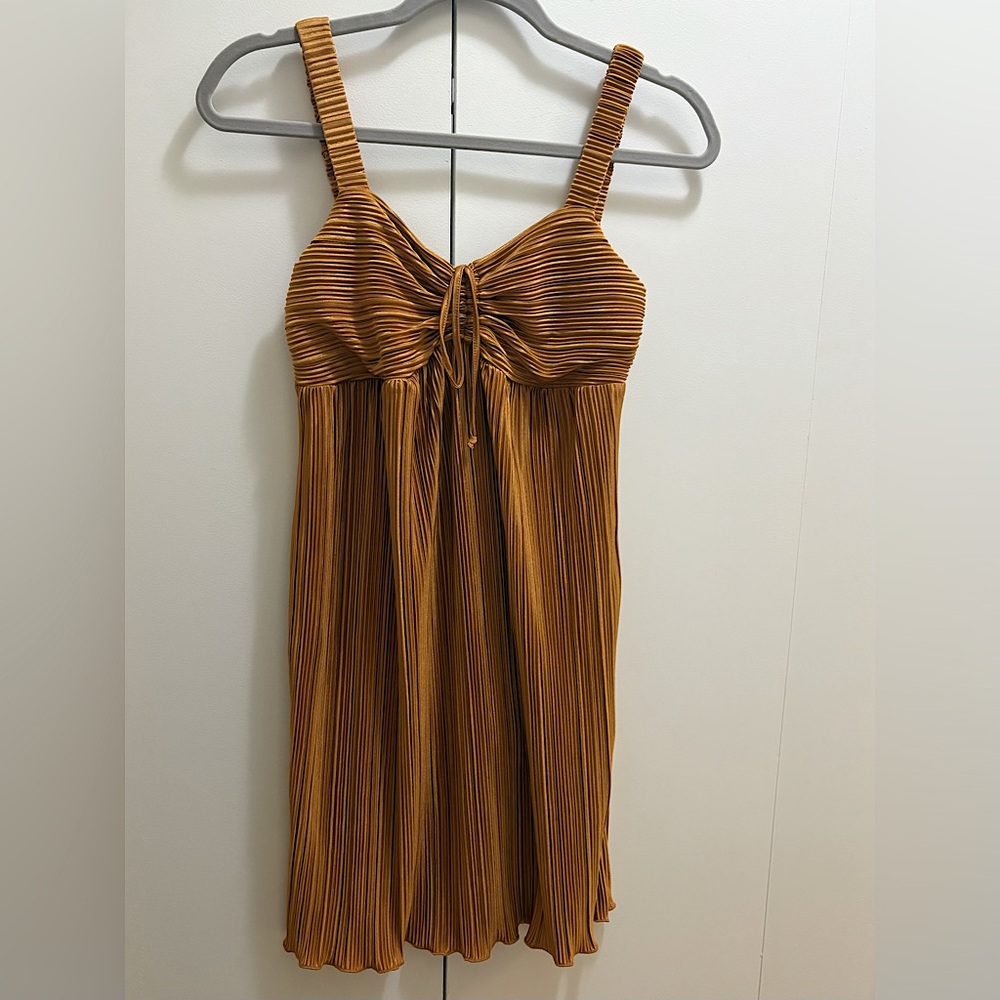 Copper Pleated Babydoll Mini Dress